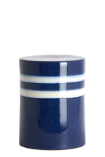 Ceramic Side Table Dark Blue With White Stripes, Round Glossy Finish