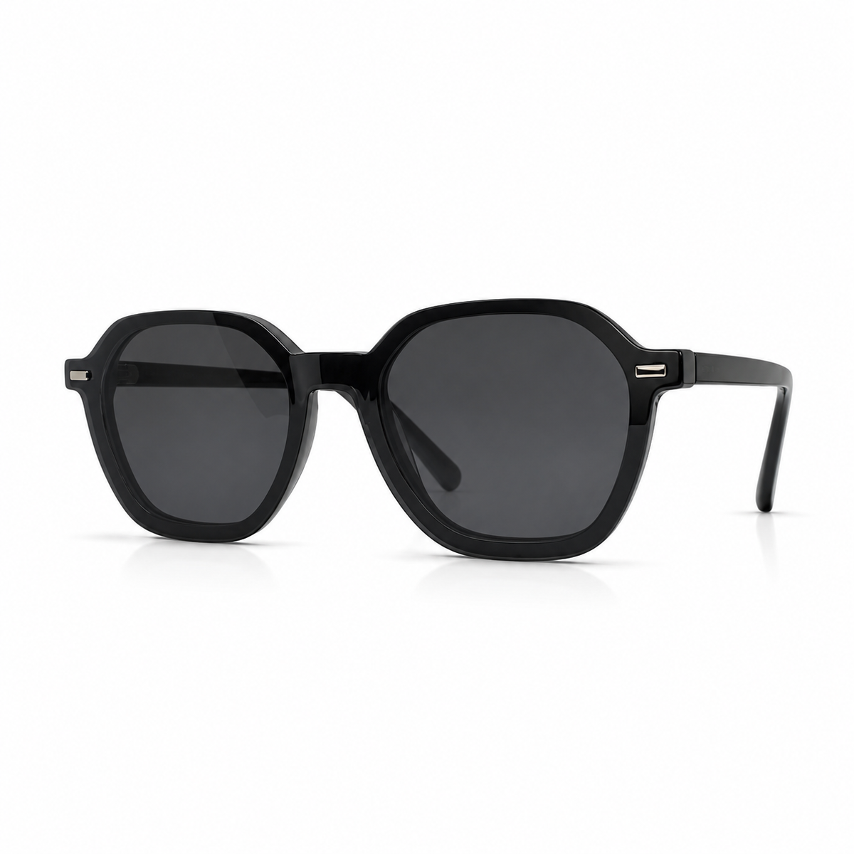 Black clip-on sunglasses on a white background