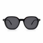 Black sunglasses with dark lenses on a white background