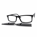 Black rectangular glasses with clip-ons on a white background