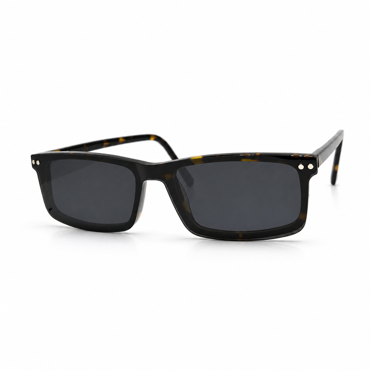 Rectangular glasses with tortoiseshell frame and dark lenses on a white background