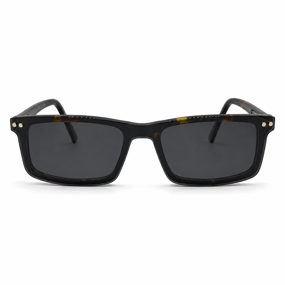 Glasses with a tortoise frame and dark lenses on a white background