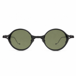 Round sunglasses with black frame and green lenses on a white background
