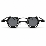 Black sunglasses with a unique frame design on a white background