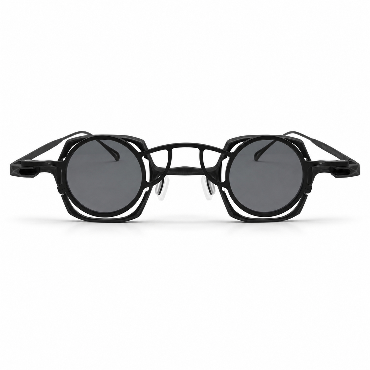 Black sunglasses with a unique frame design on a white background