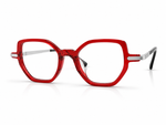 Red eyeglasses with silver accents 