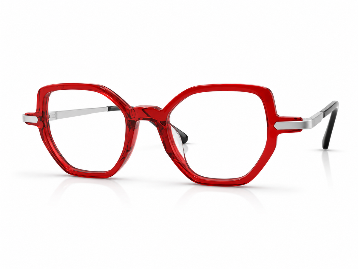 Red eyeglasses with silver accents 