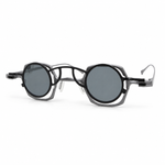 Glasses with silver frame and dark lenses on a white background
