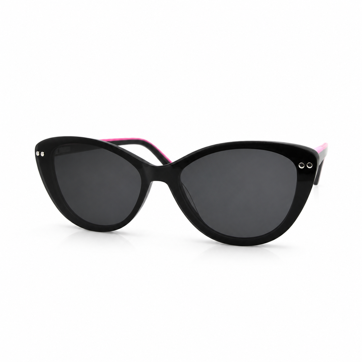 Black and pink cat-eye sunglasses with dark lenses on a white background