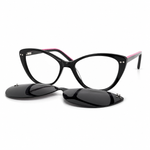 Black cat-eye sunglasses with pink accents on a white background