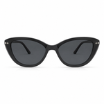 Black cat-eye sunglasses with dark lenses on a white background