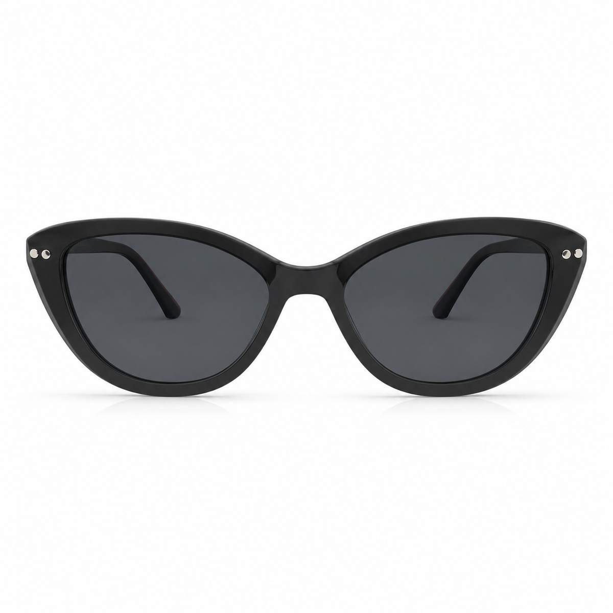 Black cat-eye sunglasses with dark lenses on a white background