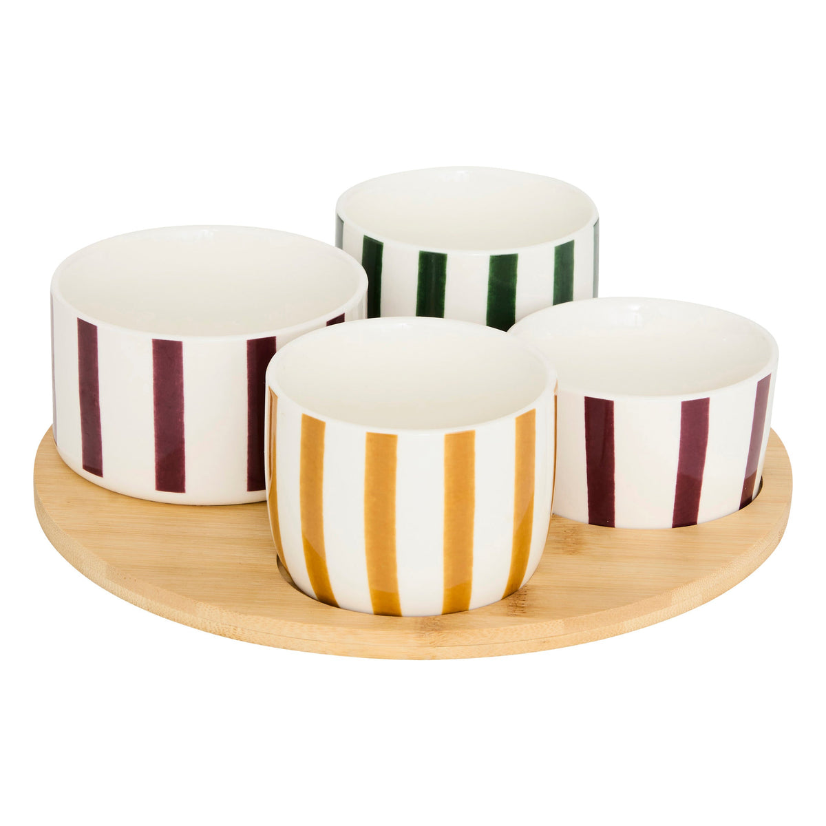 4-Piece Appetizer Set Cherry - Striped Stoneware Bowls on Bamboo Board