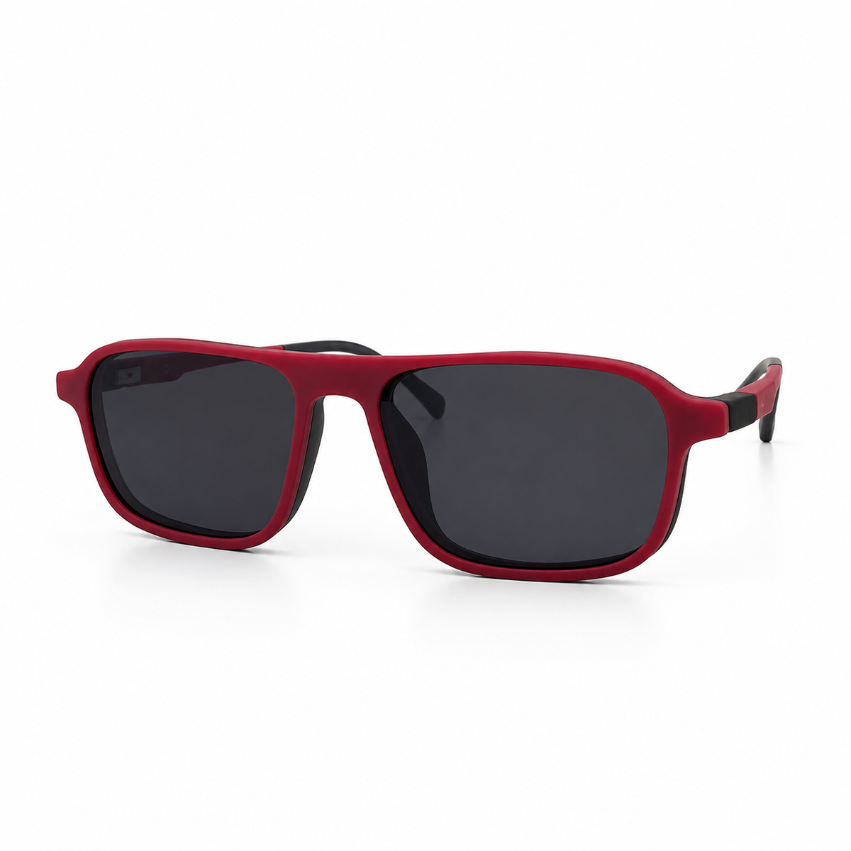 Red and black sunglasses with black lenses on a white background