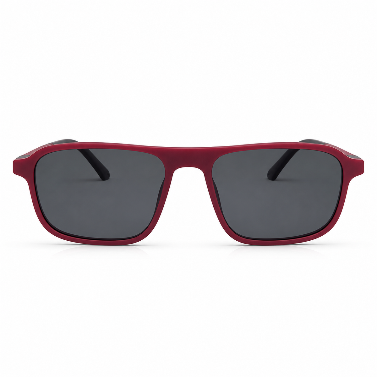 Red sunglasses with dark lenses and clip-on on a white background