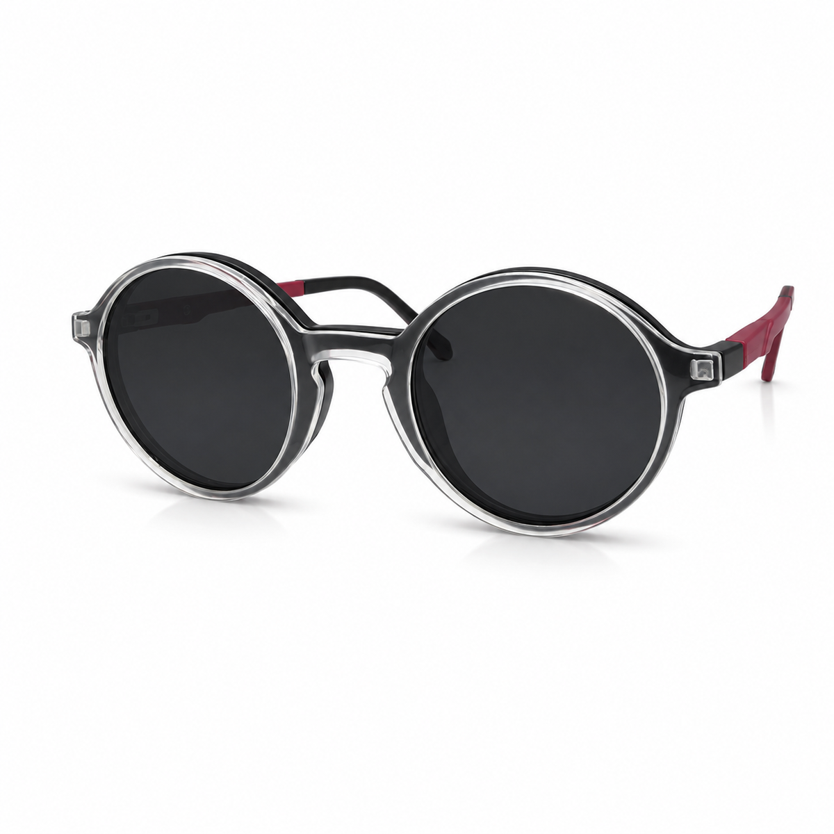 Round sunglasses with black lenses and clip-on on a white background