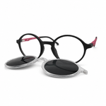 Round eyeglasses with black frames and detachable clip-on on a white background