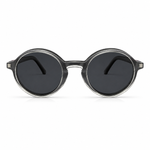 Round sunglasses with dark lenses on a white background