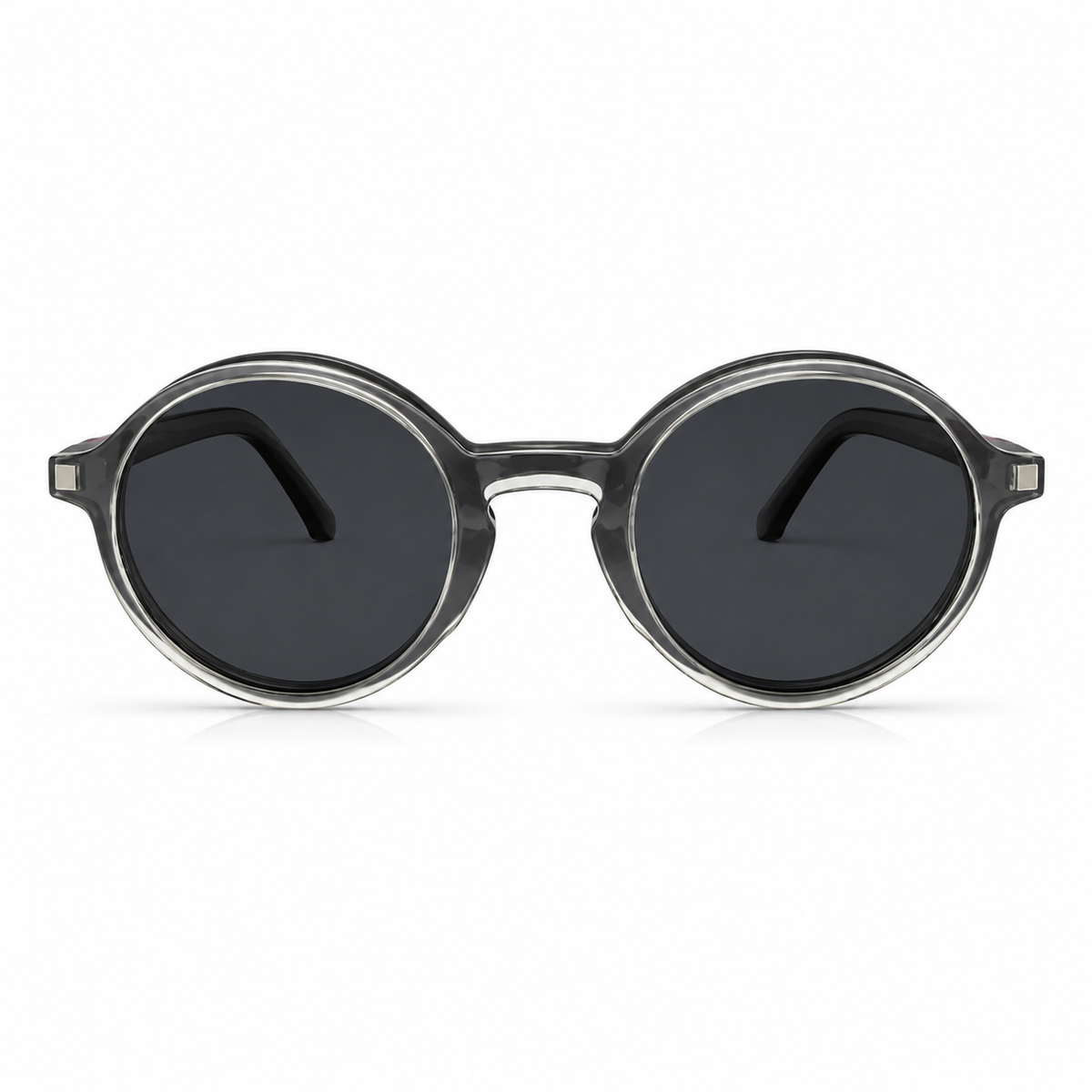 Round sunglasses with dark lenses on a white background