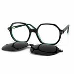 Eyeglasses with a clip-on black lens on a white background