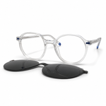 Clear eyeglasses with black clip-on lenses on a white background