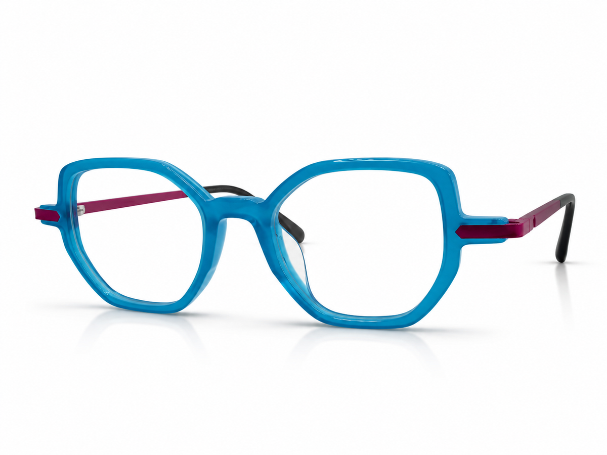 Blue eyeglasses with pink accents