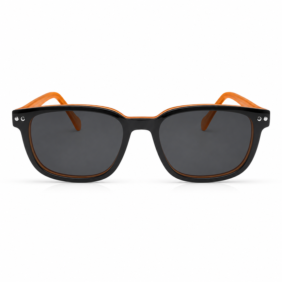 Glasses with black lenses and orange frames on a white background