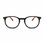 Black reading glasses on a white background