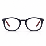 Eyeglasses with red temples on a white background
