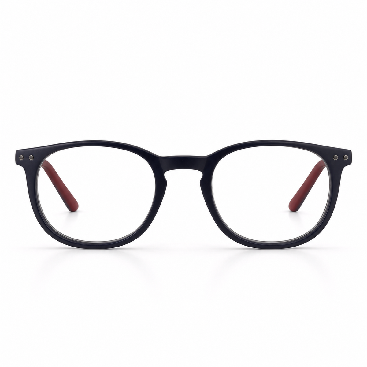 Eyeglasses with red temples on a white background
