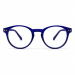 Round blue eyeglasses on a white background