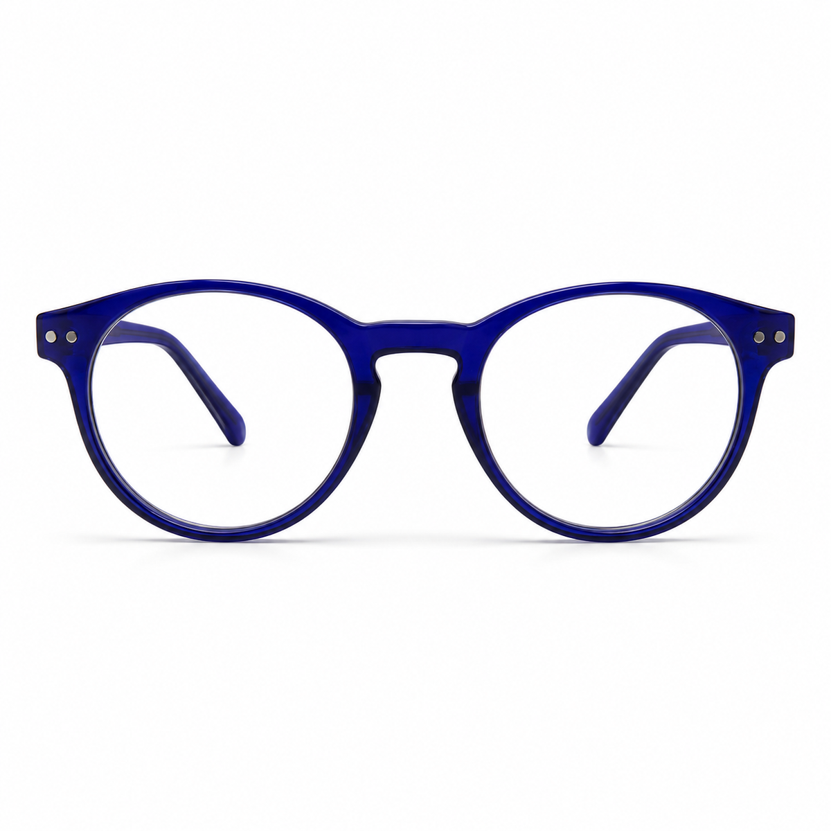 Round blue eyeglasses on a white background