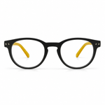 Green eyeglasses with yellow temple tips on a white background