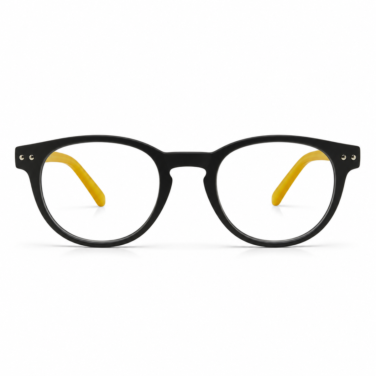 Green eyeglasses with yellow temple tips on a white background