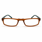Brown eyeglasses with green temple tips on a white background