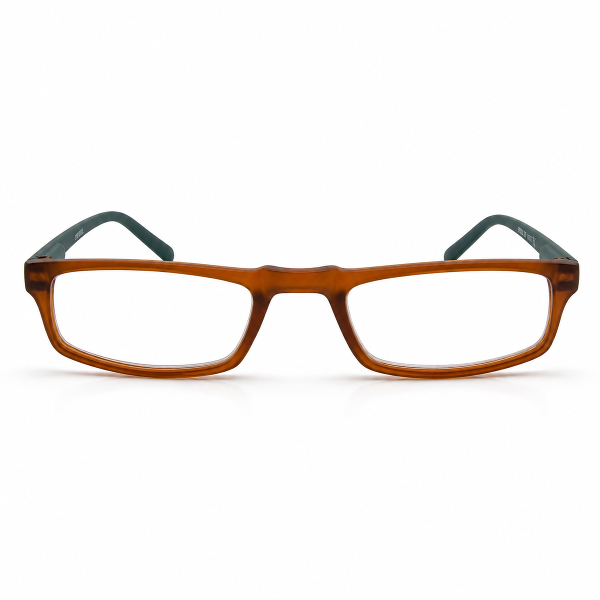 Brown eyeglasses with green temple tips on a white background