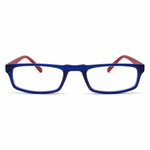 Blue eyeglasses with red temple tips on a white background
