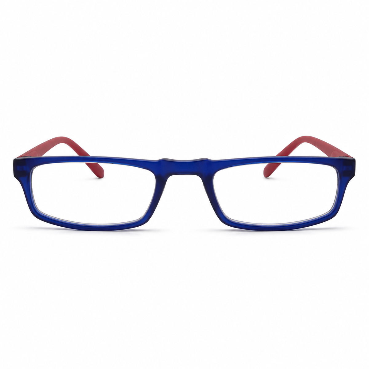 Blue eyeglasses with red temple tips on a white background