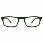 Green eyeglasses with brown temple tips on a white background