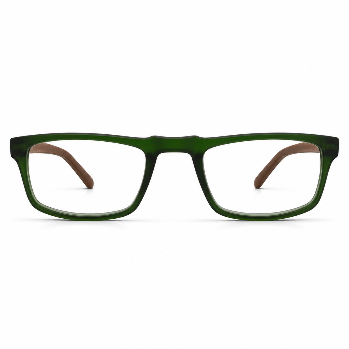 Green eyeglasses with brown temple tips on a white background