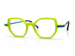 Yellow eyeglasses with green accents 