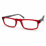 Red eyeglasses with gray temple tips on a white background