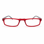 Red eyeglasses with gray accents on a white background