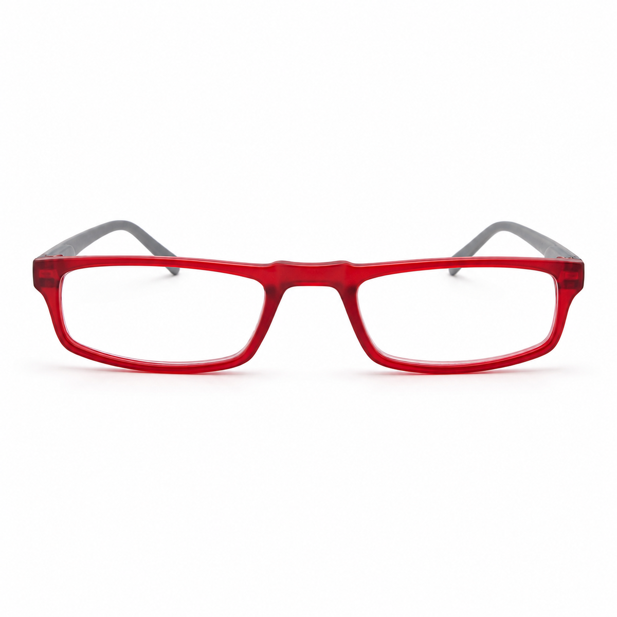 Red eyeglasses with gray accents on a white background