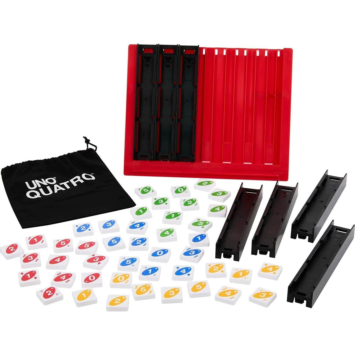 Mattel UNO Quatro card game set with red tray, black holders, and colorful number tiles.