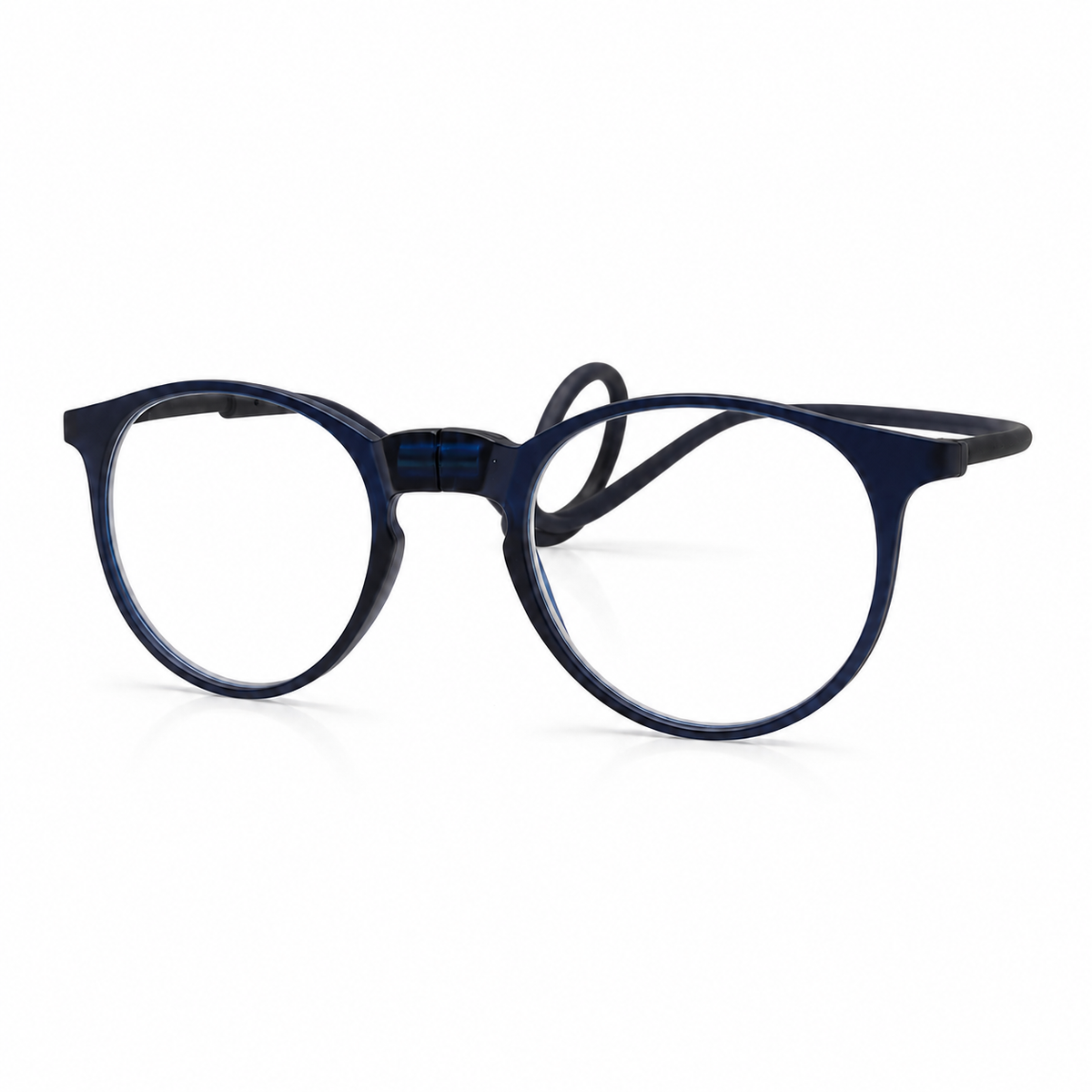 Round blue eyeglasses on a white background
