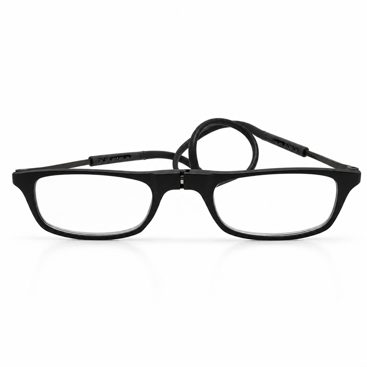 Black rectangular eyeglasses on a white background
