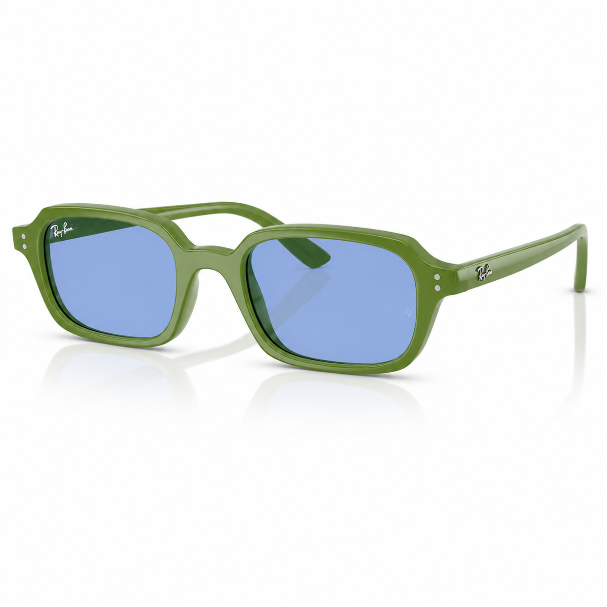 Sunglasses with green frame and blue lenses on a white background. 