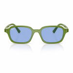 Green-framed sunglasses with blue lenses on a white background. 