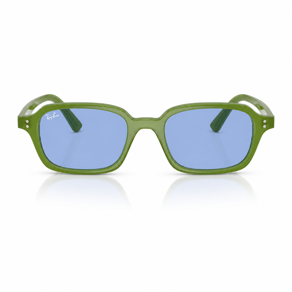 Green-framed sunglasses with blue lenses on a white background. 